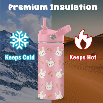 Hiboss Rabbit Water Bottle for Girls, 16oz Kids Water Bottle Stainless Steel Insulated with Straw Lid, Pink Rabbits Travel Cup Tumbler for Birthday Gift - color: Rabbit