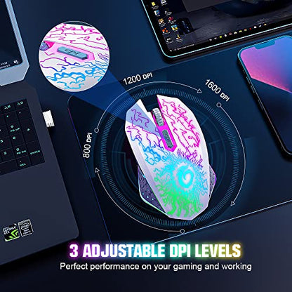 VersionTECH. Wireless Gaming Mouse, Rechargeable Computer Mouse Mice with Colorful LED Lights, Silent Click, 2.4G USB Nano Receiver, 3 Level DPI for PC Gamer Laptop Desktop Chromebook Mac-White - color: White