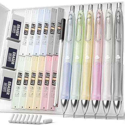 Nicpro 6PCS Pastel Mechanical Pencil Set 0.7 mm, Cute Mechanical Pencils with Comfort Grip with 12 Tubes HB Lead Refill, 3 Eraser, 9 Eraser Refills for Student Writing, Drawing, Sketching- with Case - size: 0.7