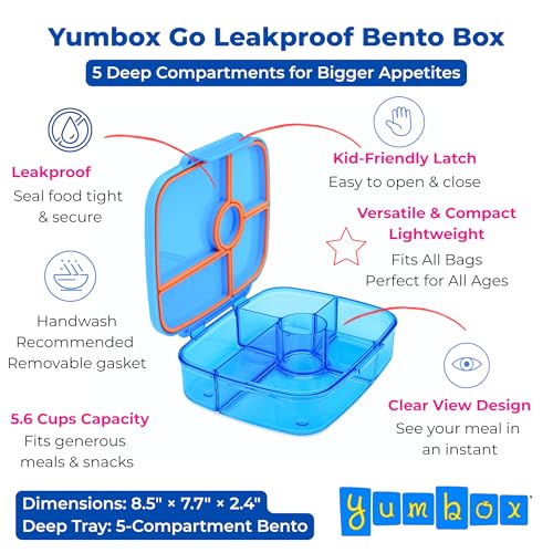Yumbox Go Leakproof Bento Lunch Box, 5 Compartments, Miami Blue | Deep Portioned Tray | Removable Silicone Gasket | Lightweight Construction | Fits Most Lunch Bags | Easy-Clean Design - color: Miami Blue