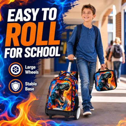3Pcs Large Rolling Backpack for Boys, 20 Inch Detachable Wheeled Bookbag with Lunch Box, Durable Fire Dinosaur Roller Backpack for Elementary Middle School (Red) - color: Large Wheels Dinosaur Red