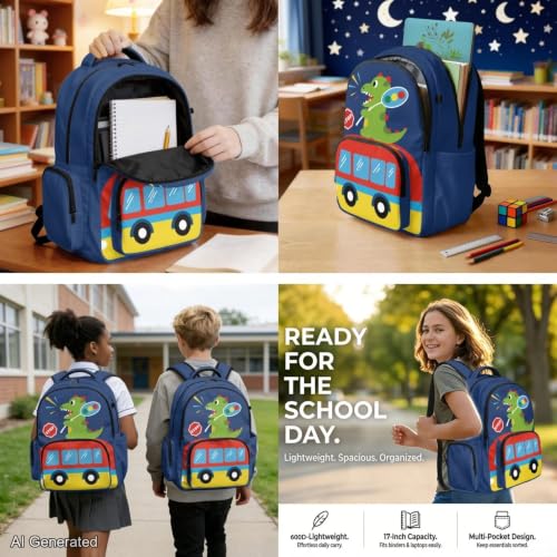 Cute Dinosaur Backpack for Kids 5-7 Girls Boys Backpack with Lunch Box Water Bottle Carrier with Strap and Soft Pencil Case Elementary 4PCS Set Bookbag Front Side Pocket 17 inch School Bag - color: Cute Dinosaur