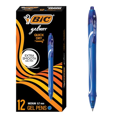 BIC Gelocity Quick Dry Blue Gel Pens, Medium Point (0.7 mm), School Supplies for Students and Teachers, with Full Grip, 12-Count Pack in Blue - color: Blue, size: 12 Count (Pack of 1)