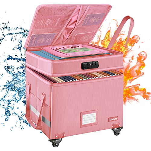 DocSafe File Box with Lock,2-Layer Fireproof Document Box with Wheels,Collapsible Rolling File Storage Organizer with Pockets,Large Portable Home Office Filing Cabinet Safe for Hanging Folders,Pink - color: Pink