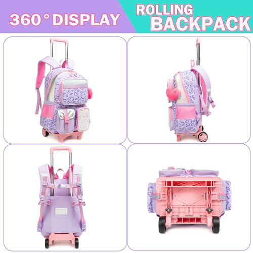 Meetbelify Girls Rolling Backpack with Wheels - Cute Kawaii Carry On Backpack for Elementary Students - Purple with Lunch Box - color: Love Purple