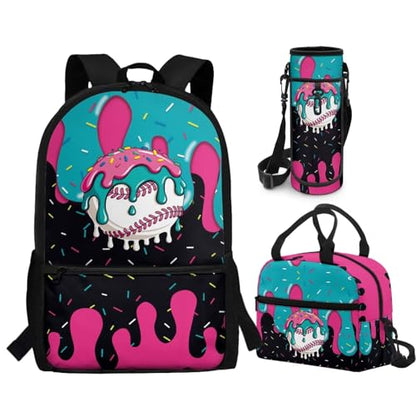 CLOHOMIN Baseball Kids Bookbag for Girls with Lunch Box 3 Piece Ice Cream Backpack Set Book Bags for Primary School Kids 1st Grade Cute Schoolbag with Lunch Tote Bag Water Bottle Bag for Girl 6-8 - color: Ice Cream Baseball
