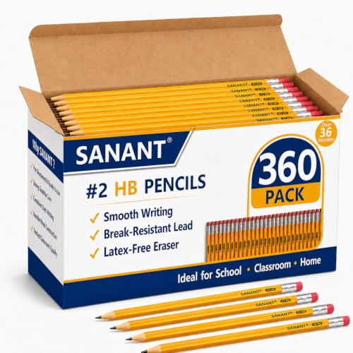 Wood-Cased #2 HB Yellow Pre-Sharpened Pencils with Top Erasers 360 Pack | Pre-Sharpened, HB Lead, Drawing and Sketching, Bulk Yellow Pencils for Classroom School Teacher Supplies, Back to School