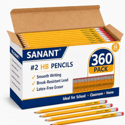 Wood-Cased #2 HB Yellow Pre-Sharpened Pencils with Top Erasers 360 Pack | Pre-Sharpened, HB Lead, Drawing and Sketching, Bulk Yellow Pencils for Classroom School Teacher Supplies, Back to School