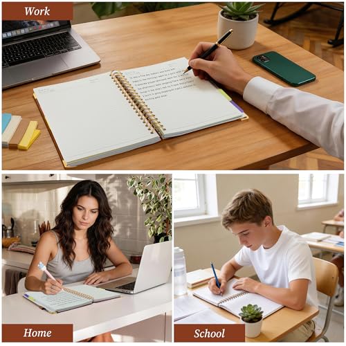 Hardcover Spiral Notebook Journal with Removable Dividers Tabs, 5 Subject Notebooks for Work School, 300 pages 8"x10" B5 leather Journal College Ruled, Cute Journal for Women Men, Brown - color: Brown