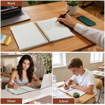 Hardcover Spiral Notebook Journal with Removable Dividers Tabs, 5 Subject Notebooks for Work School, 300 pages 8"x10" B5 leather Journal College Ruled, Cute Journal for Women Men, Brown - color: Brown
