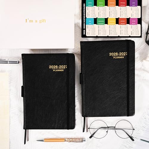 Planner 2026-2027 - 2026-2027 Weekly Monthly Calendar, July 2026 - June 2027, 5.85'' x 8.5'' Agenda with Leather Cover, Pen Holder, Elastic Closure, 24 Ruled Pages - color: Black