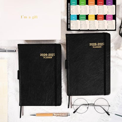 Planner 2026-2027 - 2026-2027 Weekly Monthly Calendar, July 2026 - June 2027, 5.85'' x 8.5'' Agenda with Leather Cover, Pen Holder, Elastic Closure, 24 Ruled Pages - color: Black