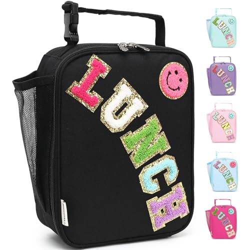 FlowFly Lunch box Insulated Soft Bag Mini Cooler Back to School Thermal Meal Tote Kit With Buckle and Mesh Side Pocket for Girls, Boys, BlackWithLetter - color: BlackWithLetter