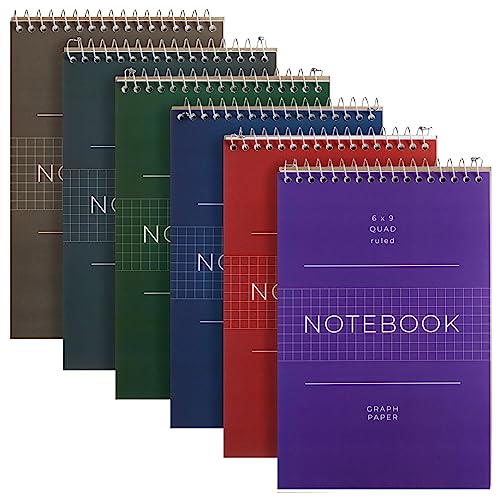 Juvale 6 Pack Quad Ruled 6x9 Inch Top Bound Spiral Graph Paper Notebook - 80 Sheets / 160 Writable Page Steno Notepads for Writing, Sketching, Drawing, School Supplies (6 Colors)