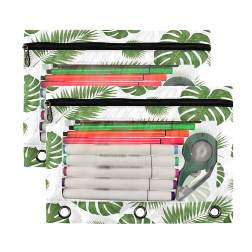 Blueangle Tropical Leaf Pencil Pouch for 3 Ring Binder, 2 Pack Clear Window Zipper Pencil Bags for Office