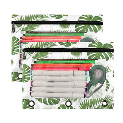 Blueangle Tropical Leaf Pencil Pouch for 3 Ring Binder, 2 Pack Clear Window Zipper Pencil Bags for Office