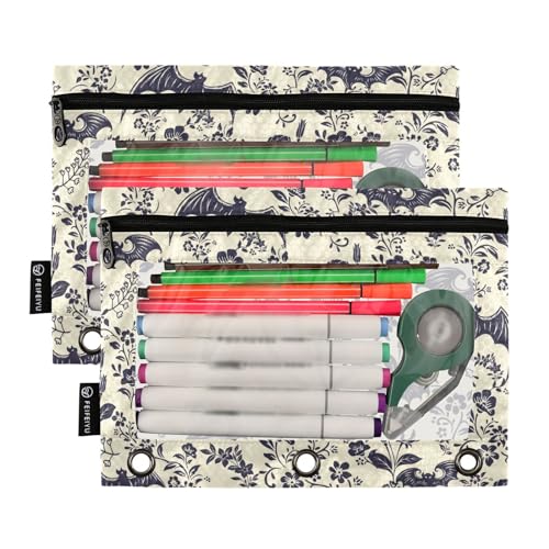 Goth Bats Pencil Pouches Bags for 3 Ring Binder, 2 Pack Zipper Stationery Bag with Clear Window 3 Hole Pencil Case for School Office Home - color: Goth Bats