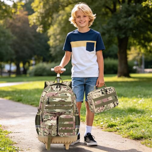 DIGOBAY Camo Rolling Backpack for Boys, 3PCS Tactical Kids Rolling Backpack Set with Lunch Bag & Pencil Case, Boys Wheeled School Bookbag for Elementary, Middle, High School - color: Camouflage Yellow/Green