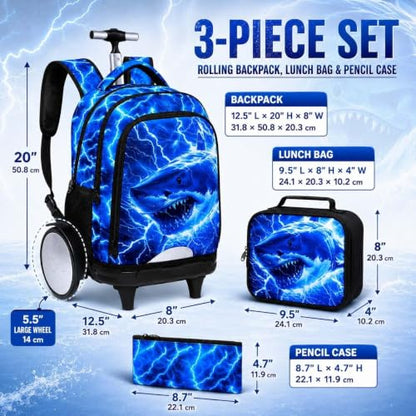 3Pcs Large Rolling Backpack for Boys, 20 Inch Detachable Wheeled Bookbag with Lunch Box, Durable Lightning Shark Roller Backpack for Elementary Middle School (Blue) - color: Large Wheels Shark Blue