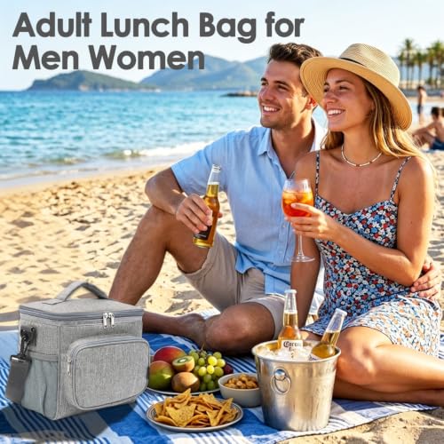 FlowFly Insulated Reusable Lunch Bag Adult Large Lunch Box for Women and Men with Adjustable Shoulder Strap,Front Zipper Pocket and Dual Large Mesh Side Pockets,Grey - color: Gray