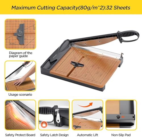 12'' Wood Guillotine Paper Cutter, Heavy Duty Wood Base Paper Trimmer with 30-32 Sheets Capacity Paper Cutting Board for Classroom, Crafting, Cardstock (Gray)