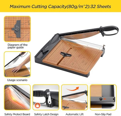 12'' Wood Guillotine Paper Cutter, Heavy Duty Wood Base Paper Trimmer with 30-32 Sheets Capacity Paper Cutting Board for Classroom, Crafting, Cardstock (Gray)