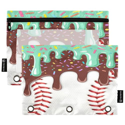 Gredecor 3 Ring Binder Pencil Pouch, Ice Cream Baseball (1) Zippered Pen Case Pouches with Clear Window, 2 Pack Stylish Office & School Supplie - color: Ice Cream Baseball (1)