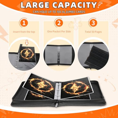 Jumbo Card Binder 100 Pockets for XL Jumbo Cards, Oversized Card Binder, QUBAMG PU Zipper Double Sided Binder Fits 5.7″ x 7.9″ Large Game Cards, Big Trading Card Collection Album Folder, Black - color: Black