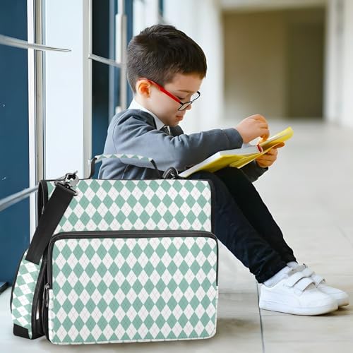 Green White Diamond Checkered Plaid Striped Binder Bag 3 Ring Zipper Binders with Shoulder Strap for School Office Organizer Storage - color: Q012
