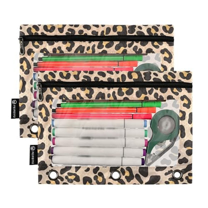 Brown Leopard Pencil Pouch for 3 Ring Binder 2 Pcs Binder Pouches with Zipper Pocket Pencil Case Bag with Clear Window for Office Work School Supplies - color: Brown Leopard