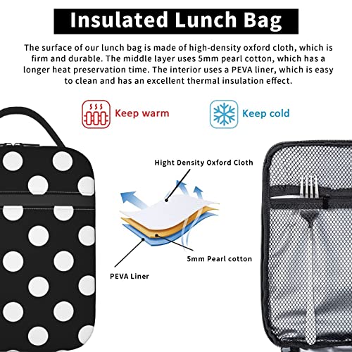 YETTA YANG Polka Dot Black And White Portable Lunch Bag Insulated Lunch Box Reusable Totes For Women Men Work Picnic Camping - color: Black11