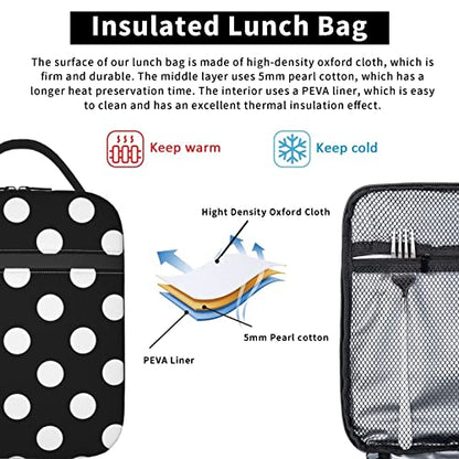 YETTA YANG Polka Dot Black And White Portable Lunch Bag Insulated Lunch Box Reusable Totes For Women Men Work Picnic Camping - color: Black11