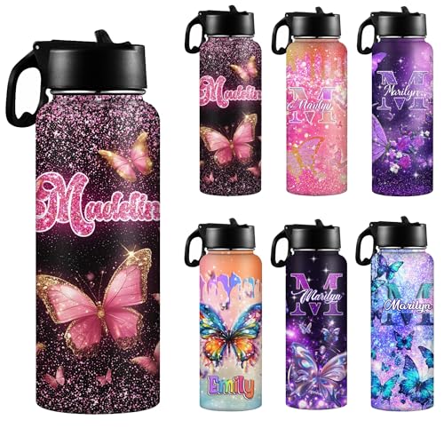D-Story Personalized Water Bottle for Girls Custom 18oz Stainless Steel Insulated Water Bottles with Butterfly Art Name or Text Kid's Sport Water Bottles Travel Cup for Birthday Back to School Gifts - color: Design 9