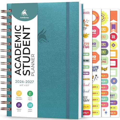 Clever Fox Academic Student Planner 2026-2027 – Hardcover Spiral-Bound Planner for School & College with Weekly & Monthly Calendar (Aquamarine) - color: Aquamarine