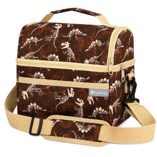 Bentology Dinosaur Lunch Bag for Kids, Reusable Insulated Lunch Box with Strap, Durable Brown School Cooler Tote for Boys & Girls, Take Out Lunch Pail with Handle, Zipper Compartments, Dino Print - color: Dinosaur