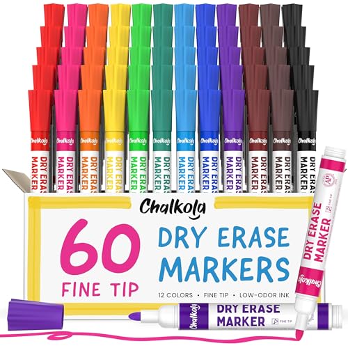 Chalkola Dry Erase Markers Fine Tip Bulk Pack of 60, White Board Pens | Thin Point Dry Erase Pens - Non toxic, Low odor Whiteboard Markers for Kids, Teachers, Home, Office & Back to School Supplies - color: 12 Colors, size: Fine Tip