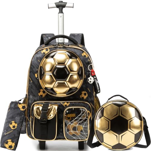 Kids Rolling Backpack for Boys Backpack with Wheels for Girls with Lunch Bag & Pencil Case Rolling Backpacks for Elementary Middle School or Travel Personaliz Roller Backpacks (Football) - color: E Football