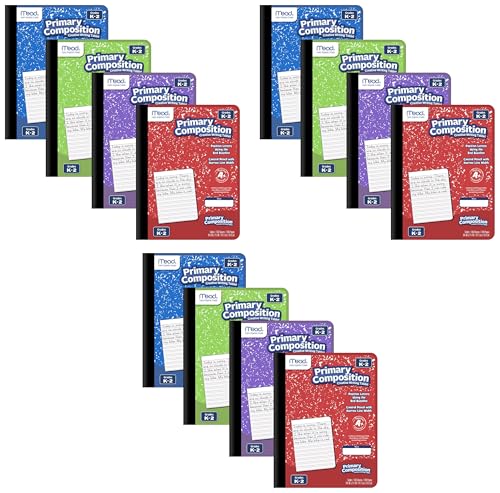 Mead Primary Composition Book, Primary Ruled Journal, Grades K-2, 7-1/2" x 9-3/4", 100 Sheets per Comp Book, Assorted Colors (610053-ECM) (Pack of 12) - size: Pack of 4 (3 Count), style: Grades K-2