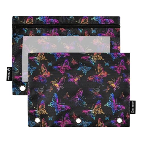 Binder Pencil Pouches Neon Color Butterflies Pen Case | Clear Window 3 Rings, Cosmetic Bags School Office Supplies Cosmetic Makeup Bag 2 Psc - color: Neon Color Butterflies