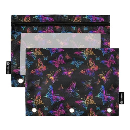 Binder Pencil Pouches Neon Color Butterflies Pen Case | Clear Window 3 Rings, Cosmetic Bags School Office Supplies Cosmetic Makeup Bag 2 Psc - color: Neon Color Butterflies