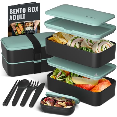 Bentoheaven Bento Box Adult, Stackable Lunch Box, 40 oz, Billie Green | BPA-free, leakproof and microwave-safe with 2 compartments, utensils, chopsticks, divider and sauce cup for men and women. - color: Billie Green