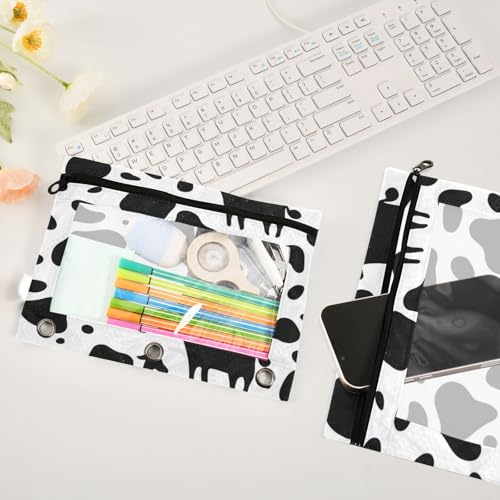 Kcldeci Pencil Pouch for 3 Ring Binder, Cow Print 2 Pack Binder Pencil Pouch with Clear Window Pencil Bags with Zipper Pencil Case for Binder - color: A08