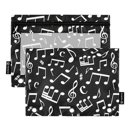 Fisyme White Music Notes Pencil Pouch for 3 Ring Binder Pencil Case Pencil Bag Zipper Pouch with Clear Window for Office 2 Pack
