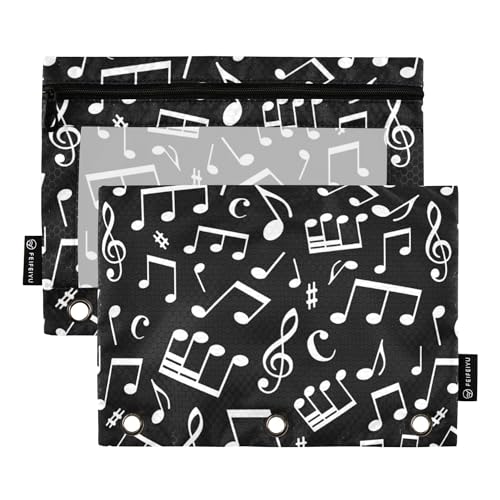 Fisyme White Music Notes Pencil Pouch for 3 Ring Binder Pencil Case Pencil Bag Zipper Pouch with Clear Window for Office 2 Pack