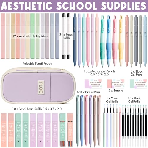 65PCS Aesthetic School Supplies Back to School Supplies Cute Stationary Set | College Essentials Kit with Pencil Case, Pastel Highlighters Gel Pens Mechanical Pencil Set 0.5 0.7 & 2.0mm for Student Girls - color: Purple