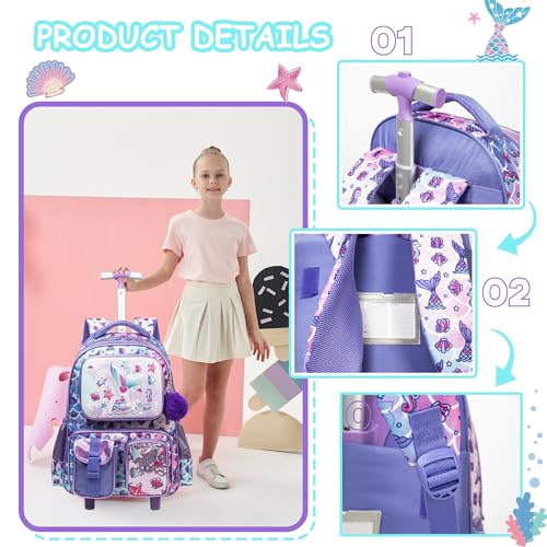 Meetbelify Mermaid Rolling Backpack with Wheels for Girls Rolling Backpacks with Lunch Box for Elementary School Students 3 in 1 Kids Travel Luggage Suitcase for Girls Age 8-10 - color: Girl 05