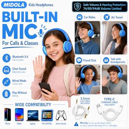 MIDOLA Kids Bluetooth Headphones 68H Play Time,Volume Limit 85/94dB, Foldable Lightweight Wireless Over-Ear Headphone for Kid Toddler Child Pad Tablet,Headsets with Built-in Mic Blue - color: Blue