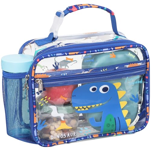 Bagseri Clear Kids Lunch Bag - School Snack Bag with Bottle Holder | Side Pocket, Buckle Handle, Wide Opening, PEVA Lining, School Boys Lunch Box, Clear Toy Bags, Blue Dinosaur - color: B-blue cute dinosaur