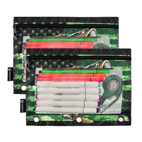 Gredecor 3 Ring Binder Pencil Pouch, American Flag Fishing Zippered Pen Case Pouches with Clear Window, 2 Pack Stylish Office & School Supplie - color: American Flag Fishing
