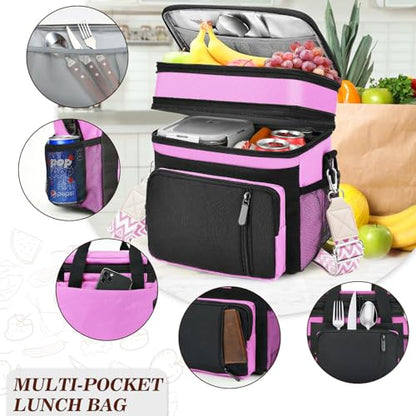 LOKASS Lunch Box & Lunch Bag for Women Men Double Deck, Large Insulated Adult Lunch Box Leakproof Lunchbox Cooler Bag for Work Picnic Beach,（Pink&Black 16L） - color: Pink 2